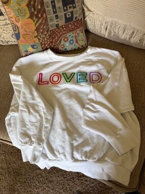 Betsey Johnson White Crewneck Sweatshirt with Multicolor 'LOVED' Embroidery